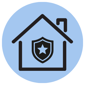 Icon of a house with a shield containing a star inside, indicating home security or protection.