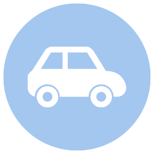 Icon of a small car on a blue circular background.