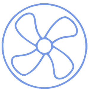 Simple line drawing of a fan with four blades enclosed in a circle.