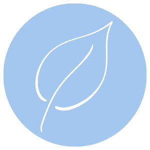 A simple white line drawing of a leaf on a blue circular background.