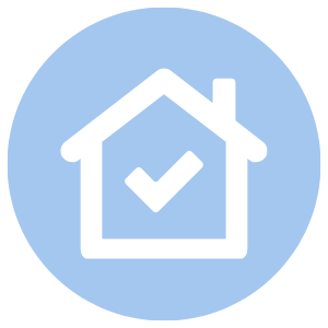 Icon of a house with a checkmark inside, against a blue circular background.