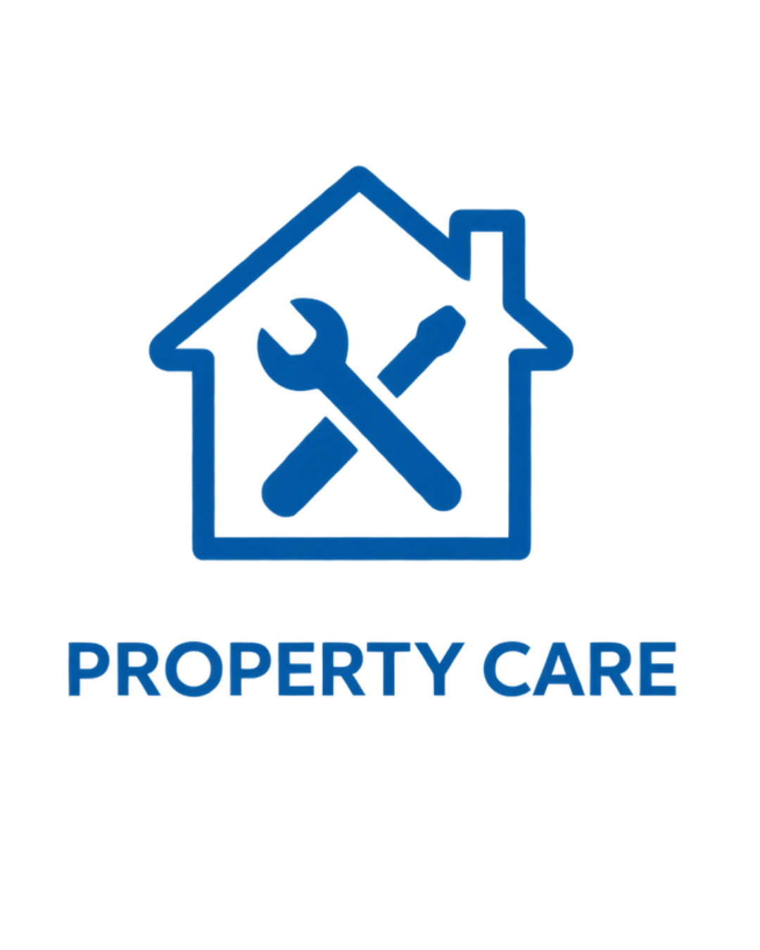 Blue outline of a house with a wrench and screwdriver crossed inside, and the text 'PROPERTY CARE' below.