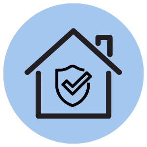 Icon of a house with a shield and checkmark inside, symbolizing home security or protection.