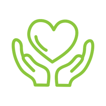 Green outline of two hands holding a heart with a smaller heart inside.