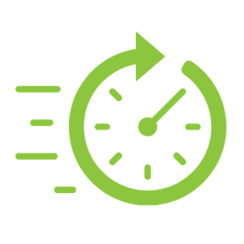 Green speed clock icon with motion lines indicating fast time or quick speed.