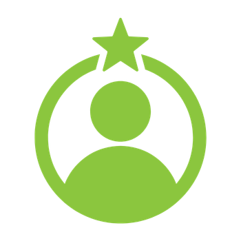 A green icon featuring a person with a star above their head inside a circular outline.