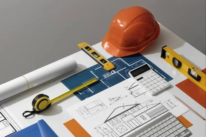 Construction blueprint and tools including a hard hat, measuring tape, level, calculator, and keyboard on a table.