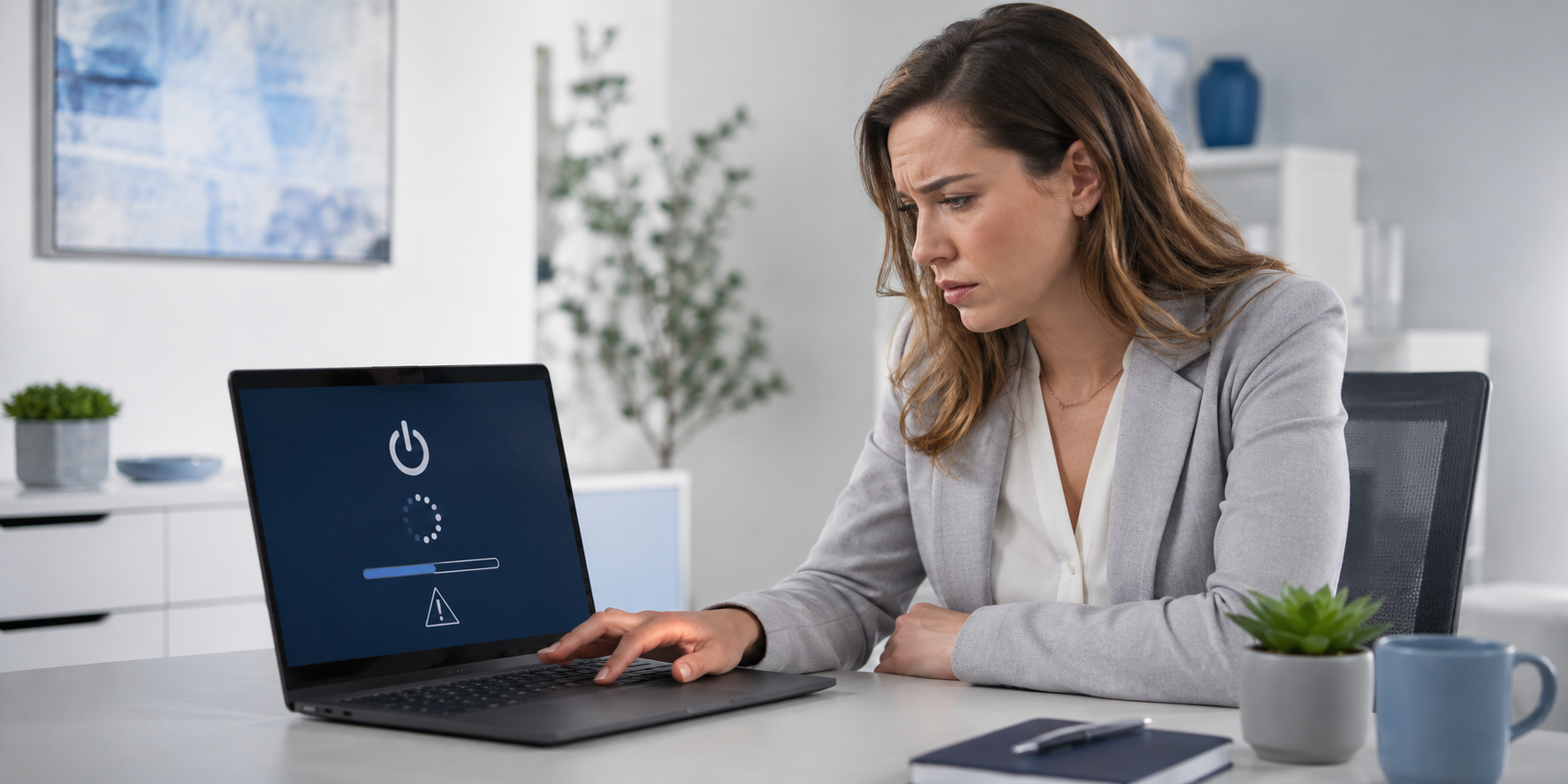 A woman in business attire looks concerned as her laptop shows a system update with a progress bar and warning sign.