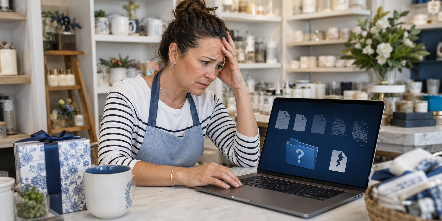 A woman with a worried expression, wearing a striped shirt and apron, sitting at a table in a flower shop or craft store, looking at her laptop with documents and files on the screen, surrounded by flowers, gift boxes, and other decorative items.