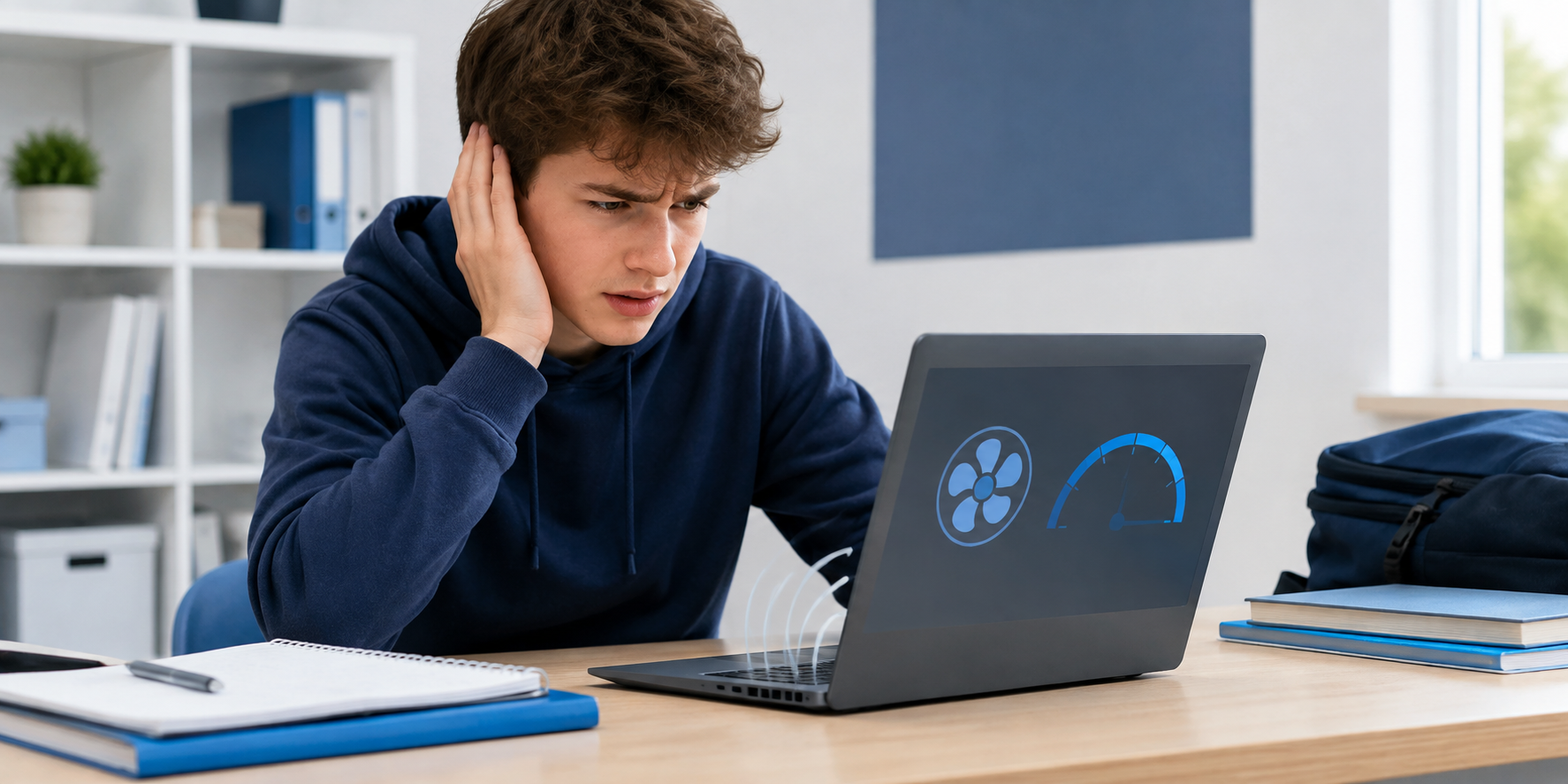 A young man sitting at a desk looking confused while working on a laptop with graphics of a fan and a speed dial displayed on the screen.