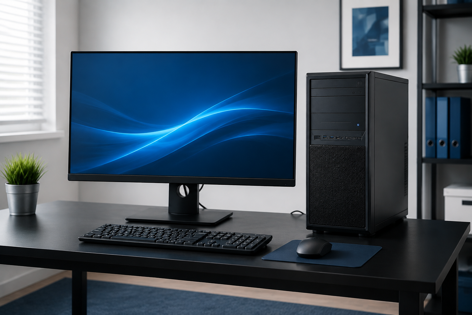 Computer desk setup with monitor, keyboard, mouse, and desktop tower in a modern office.