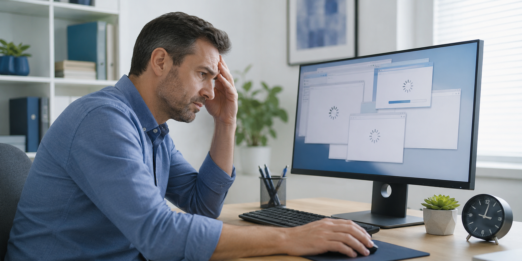 A man sitting at a desk, holding his head with one hand, looking frustrated at his computer screen displaying multiple loading windows.