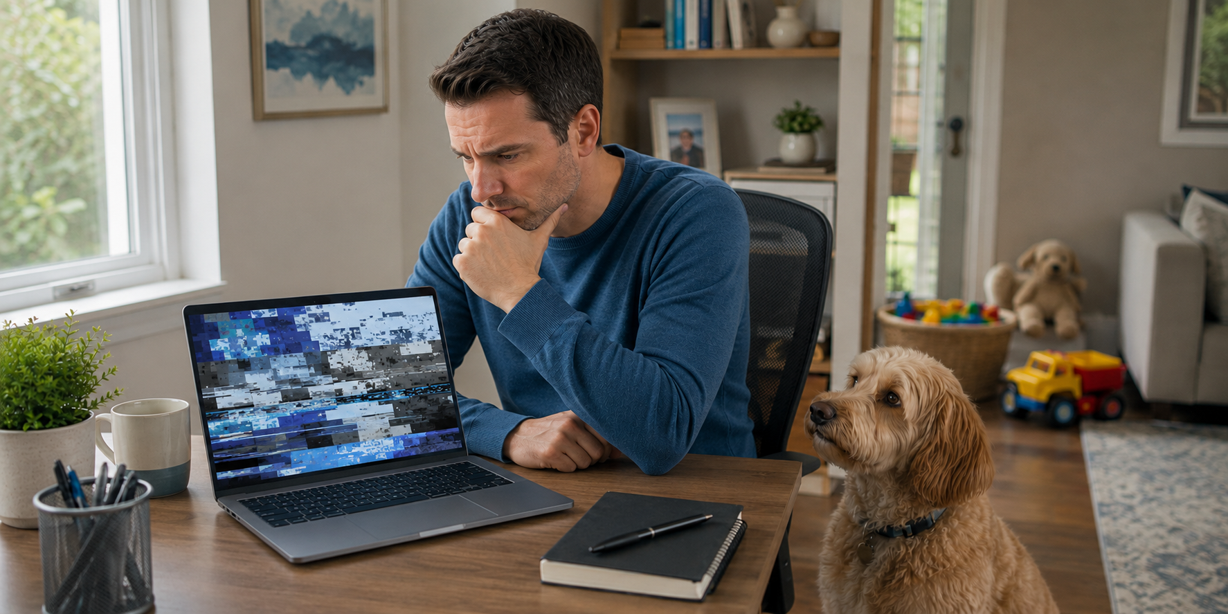 A man sitting at a desk in a room with a laptop, looking at the screen with a concerned expression, and a golden retriever puppy sitting nearby. There are toys and a teddy bear in the background.