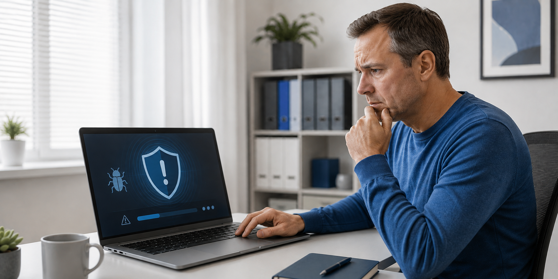 A man in a blue shirt looking concerned while inspecting his laptop, which displays a bug, a warning symbol, and an alert icon on the screen.