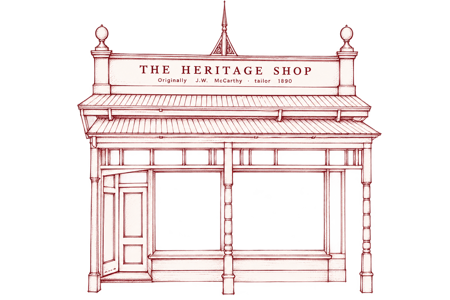 Line art of a small storefront with a sign that reads 'The Heritage Shop,' noting it was originally J.W. McCarthy, a tailor from 1890.