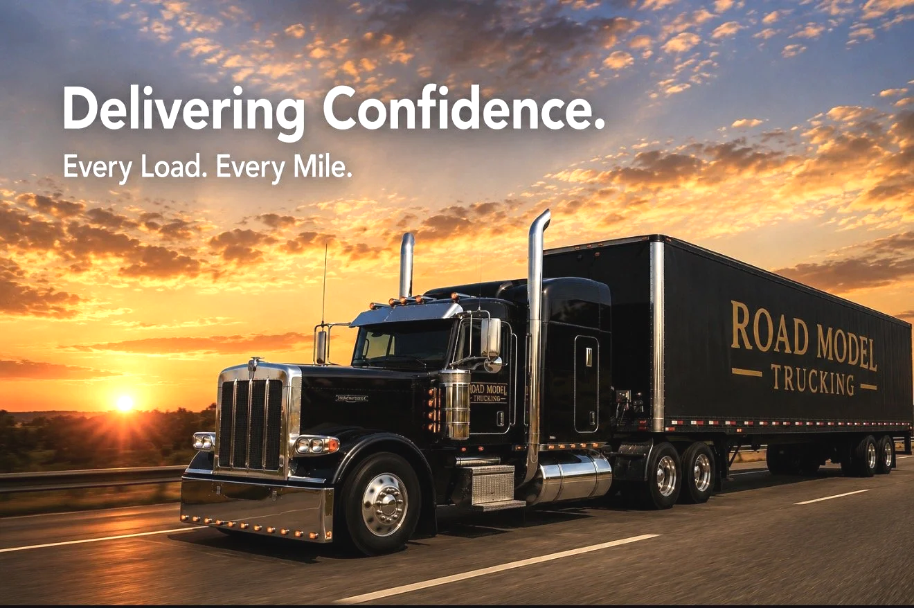 A large black semi-truck with the words 'Road Model Trucking' on the side, driving on an open highway at sunset with a sky filled with clouds.
