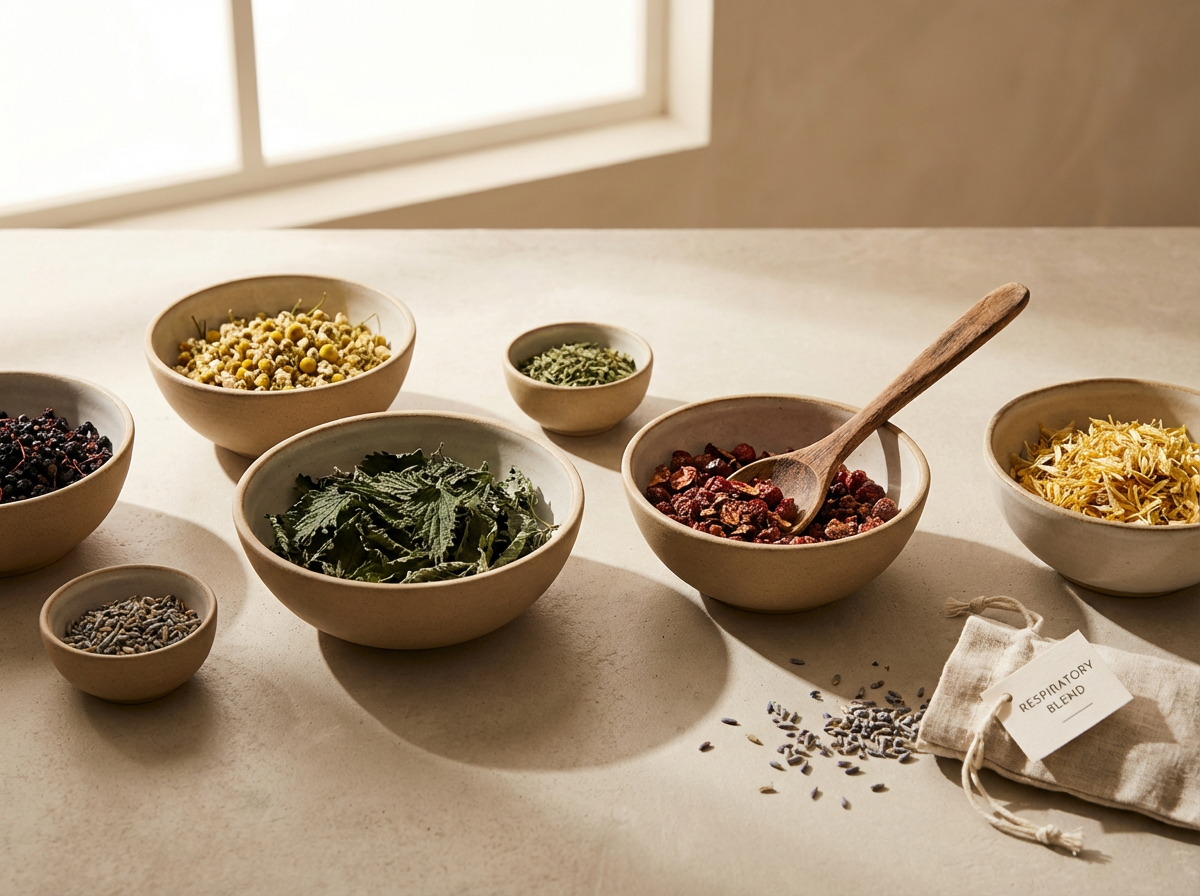 Assorted dried herbs and flowers in bowls, with a scoop and a small cloth bag labeled 'Respiratory Blend' on a light-colored surface near a window.