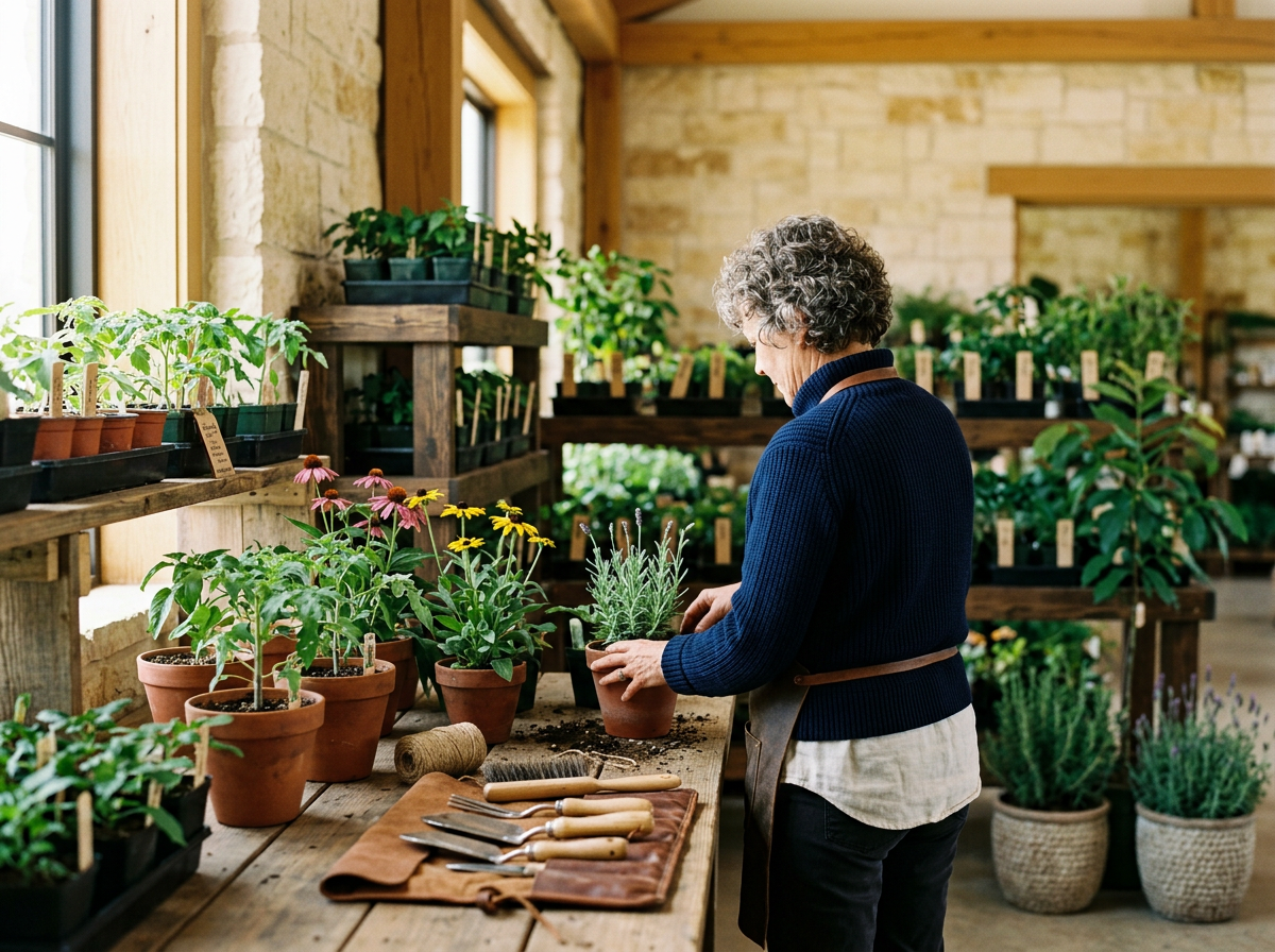 An older woman with curly gray hair tending to potted plants in a cozy, well-lit greenhouse or plant shop, surrounded by various green plants and gardening tools.