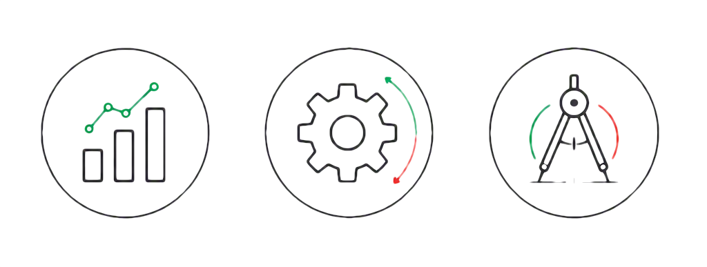 Three icons: 1) Performance - a line graph with ascending bars, 2) Operations - a gear with arrows indicating rotation, and 3) Technology - a compass with its needle pointing towards the green and red zones.