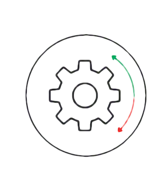 Diagram of a gear inside a circle with a curved arrow indicating clockwise rotation.