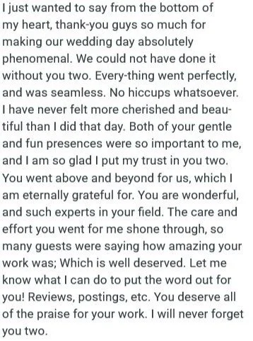 Amazing wedding client feedback from Saturday April 18th at Novotel Wollongong, where I had the pleasure of being MC, and Rob from Davertainment provided DJ services!

#wollongongweddings #illawarraweddings #weddingdj #weddingmc #davertainment01 #dav