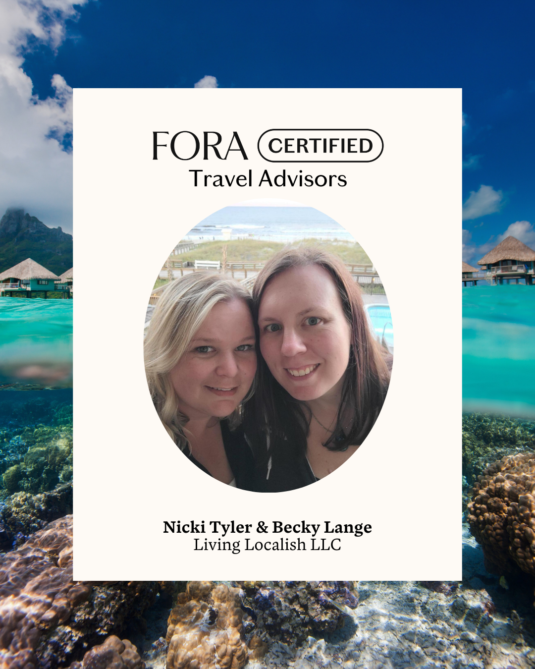 Travel advisory certificate from FORA, featuring a picture of two women, Nicki Tyler and Becky Lange, smiling.