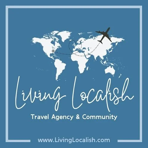 Map of the world with an airplane flying across it, promoting Living Localish travel agency and community.