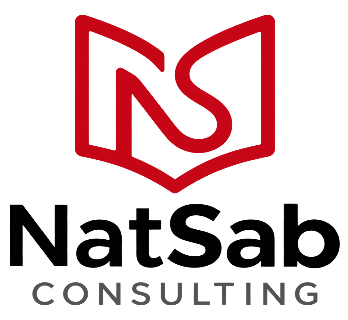 Red and black logo of a book with stylized initials 'NS' and the words 'Consulting' underneath.