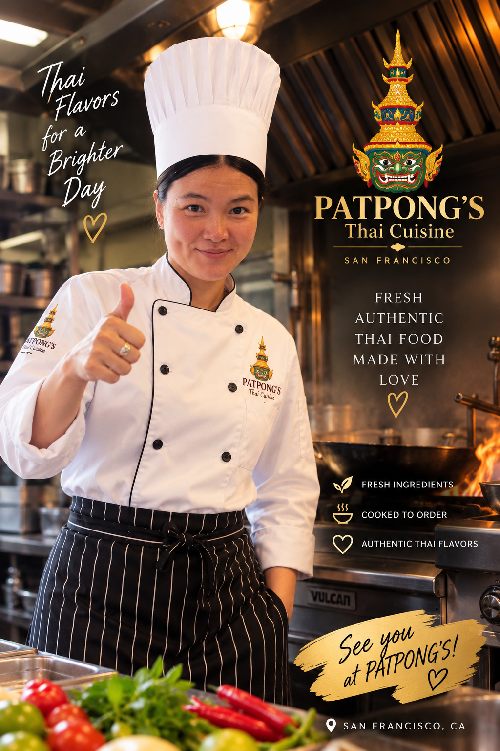 A woman chef smiling and giving a thumbs up in a kitchen, wearing a white chef's uniform with a tall chef's hat, for Patpong's Thai Cuisine restaurant in San Francisco. The image includes text promoting Thai flavors, fresh ingredients, and authentic Thai food.