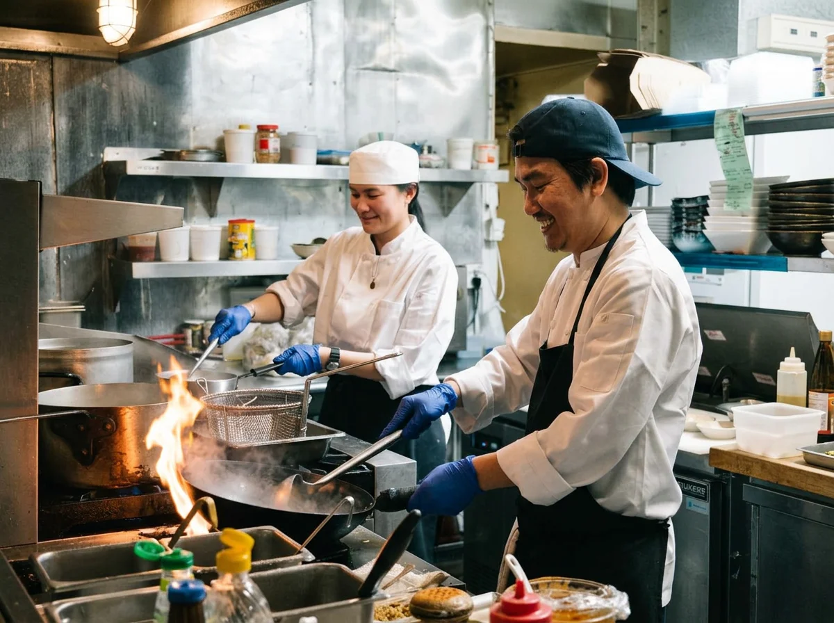Two chefs cooking in a busy kitchen, one male and one female, both wearing white chef coats and blue gloves. The male chef is smiling while cooking at a stove with a small flame, and the female chef is stirring a pot.