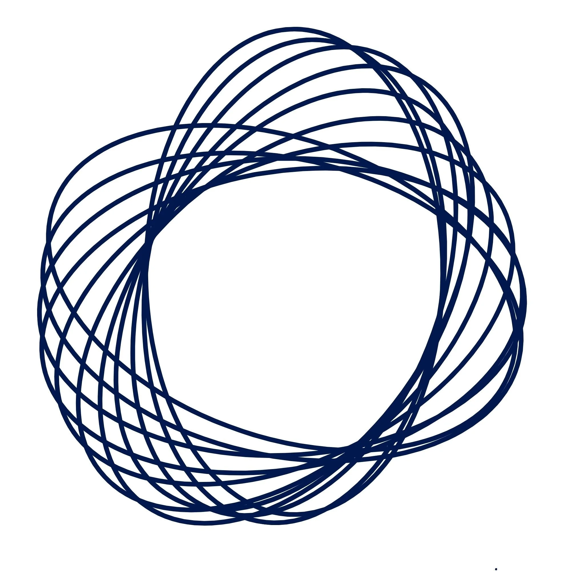 A digital illustration of interconnected navy blue curved lines forming a complex, wave-like, three-dimensional pattern on a white background.