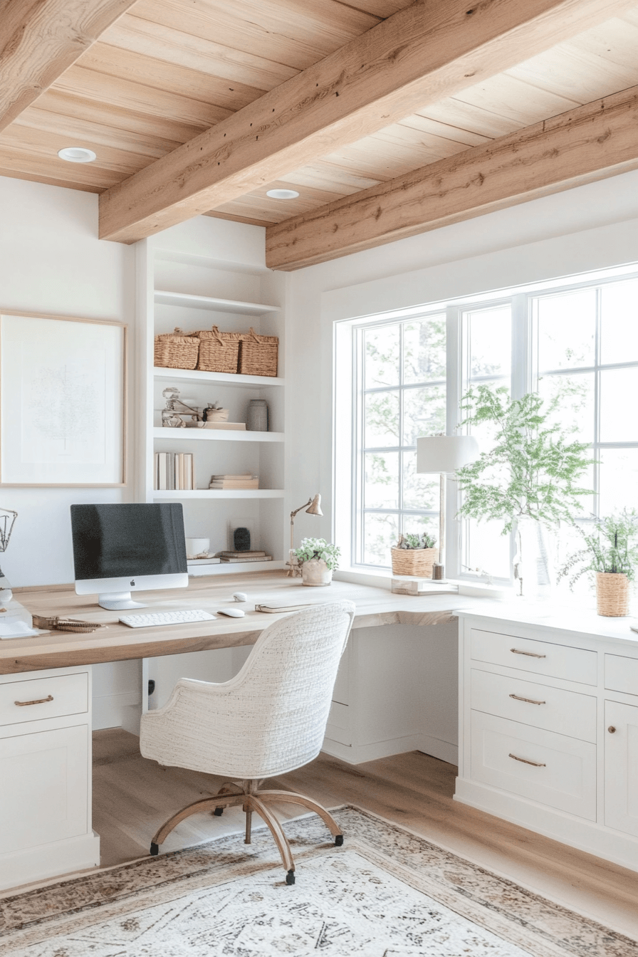 Home office with white walls, wooden ceiling beams, large window, desk with desktop computer, white chair, and decorative plants.