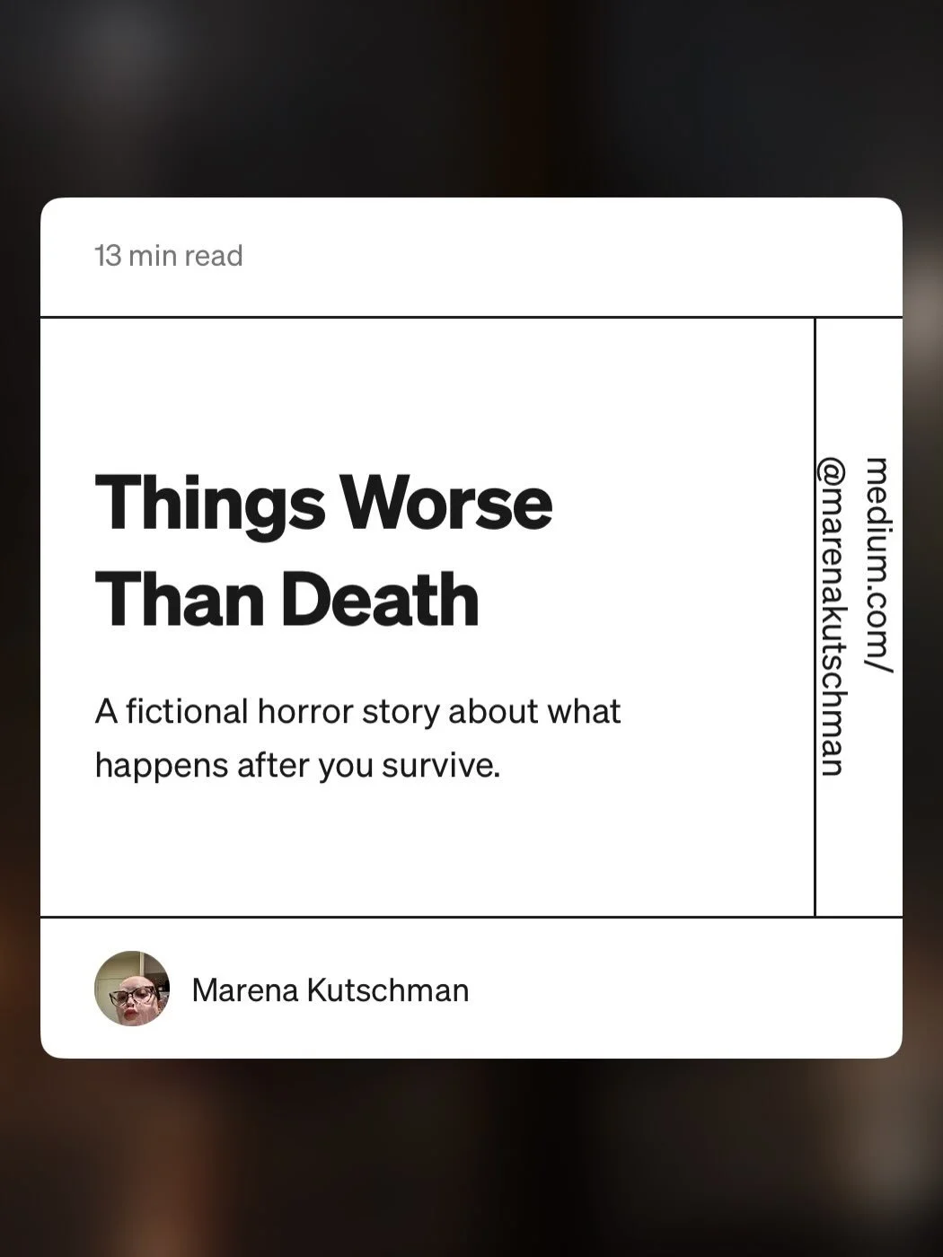 My first published horror story is out on Medium! 🖤

Things Worse Than Death is a psychological horror story about a woman who escapes weeks of captivity with her infant daughter&mdash;only to discover that surviving and feeling safe are two very di
