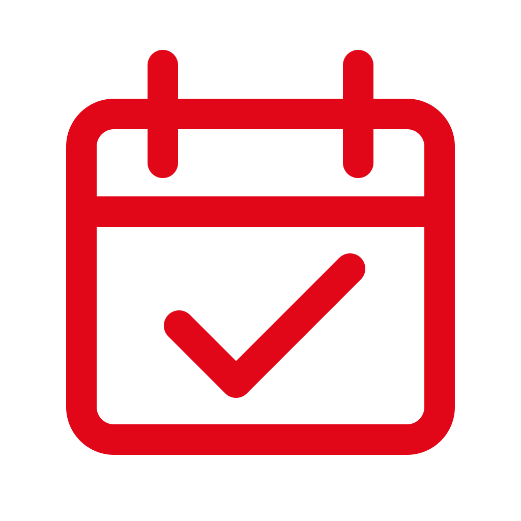 Red calendar icon with a checkmark inside.