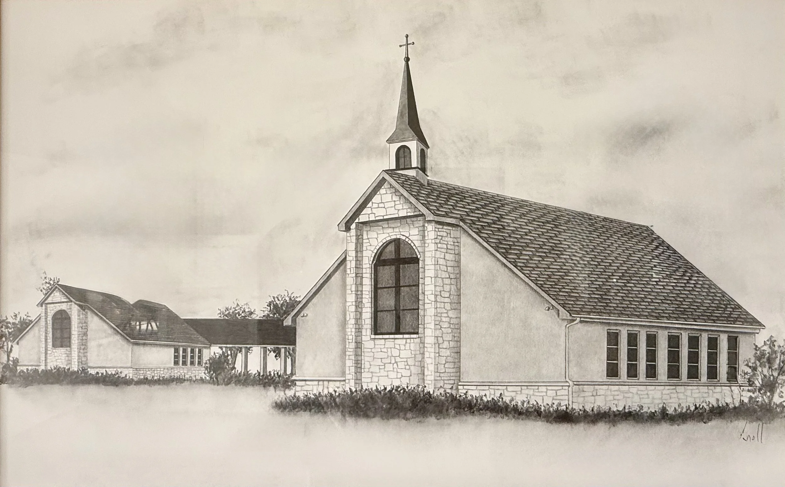 A black-and-white drawing of St Stephens church with a tall steeple topped with a cross and a large arched window on the front wall.