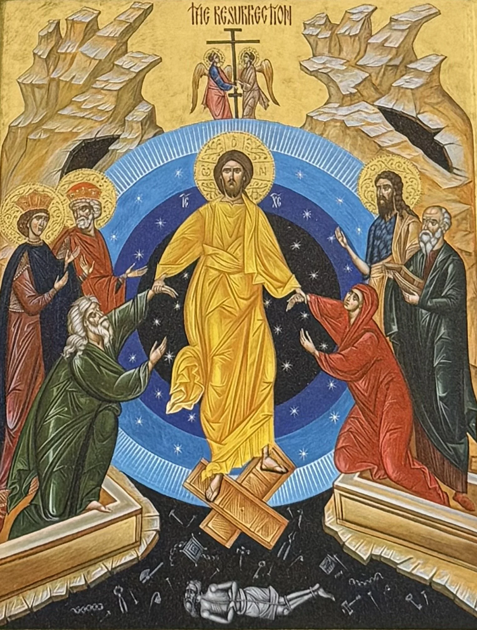Religious painting of the resurrection of Jesus Christ, showing Jesus rising from the dead with a yellow robe, surrounded by angels, saints, and biblical figures.