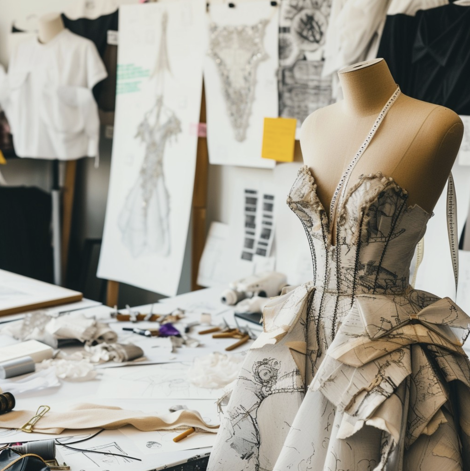 A dress form or mannequin with a detailed, artistic design of a dress or costume in progress, surrounded by sketches, fabric, and sewing tools in a workspace.