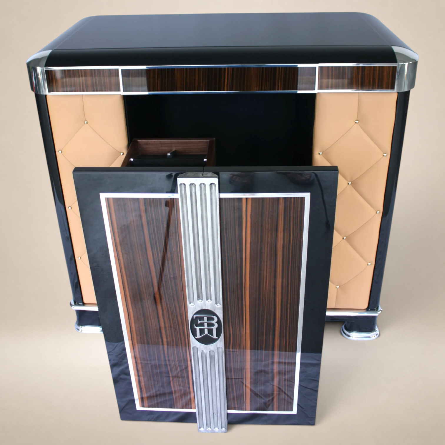 A luxury Bugatti car front with wood and black detailing and chrome accents, displayed on a beige background.