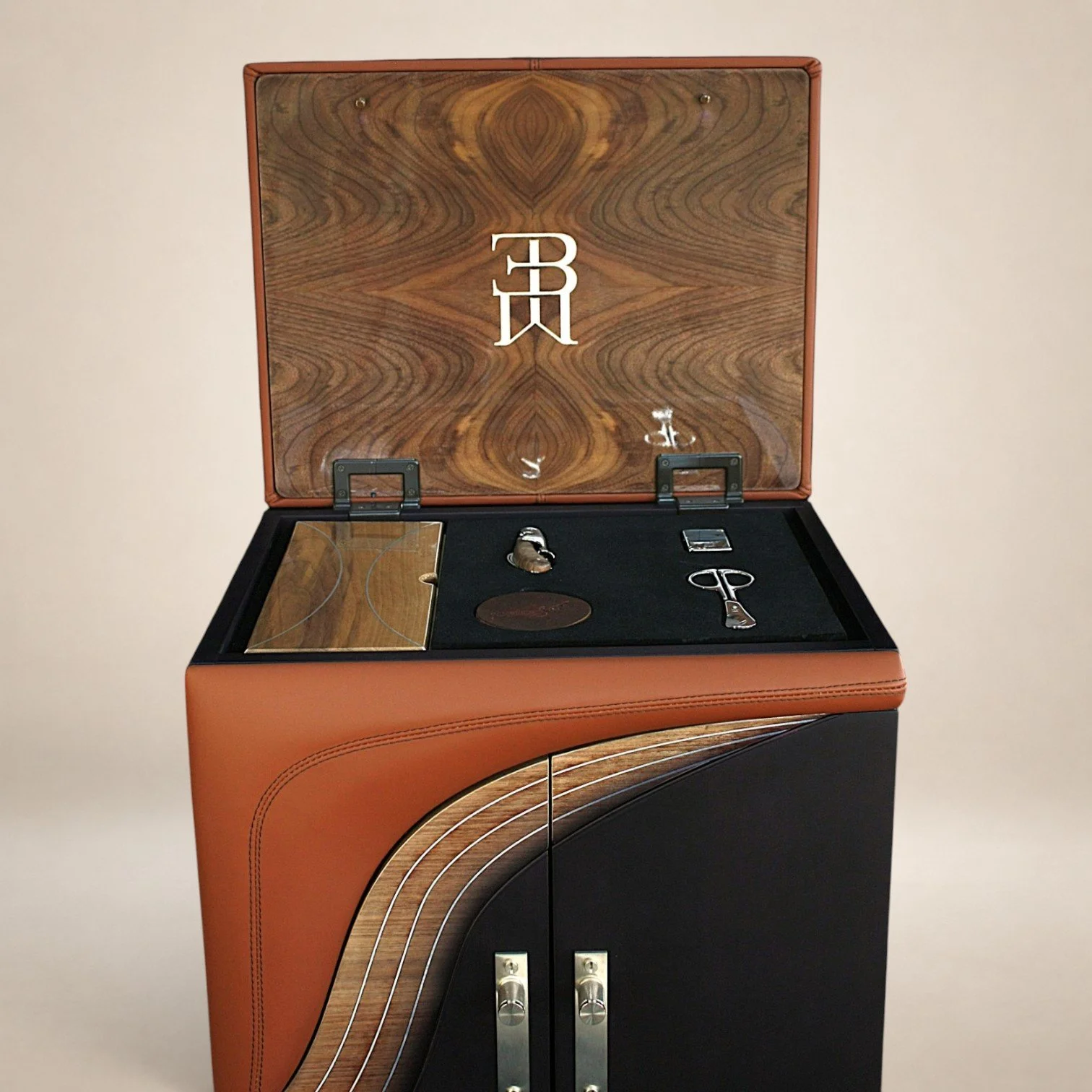 A wooden cabinet with a vintage or retro design, featuring a detailed wood grain pattern and a black base with two silver handles. The top of the cabinet has a display case with various items inside, including keys, scissors, and small metal objects.