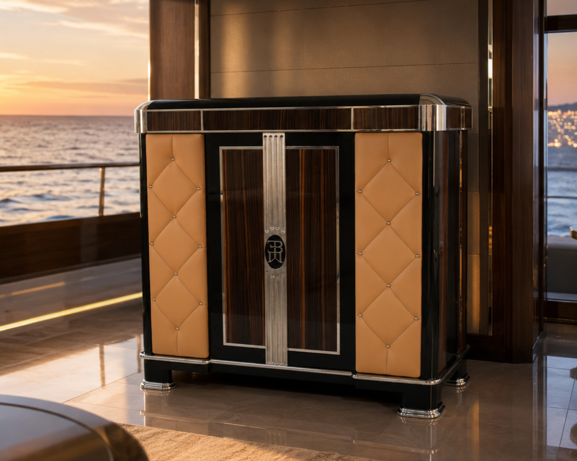 A luxurious bar cabinet with wood and leather accents on a yacht, with a sunset view over the ocean in the background. Custom furniture
