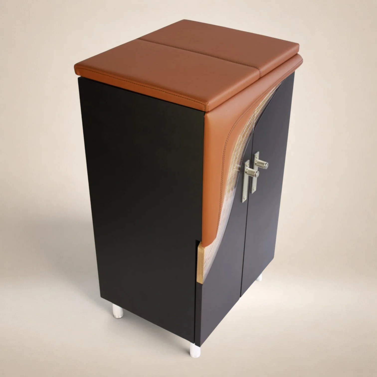 A sleek black cabinet with a padded brown leather top and curved sides, featuring metallic handles.