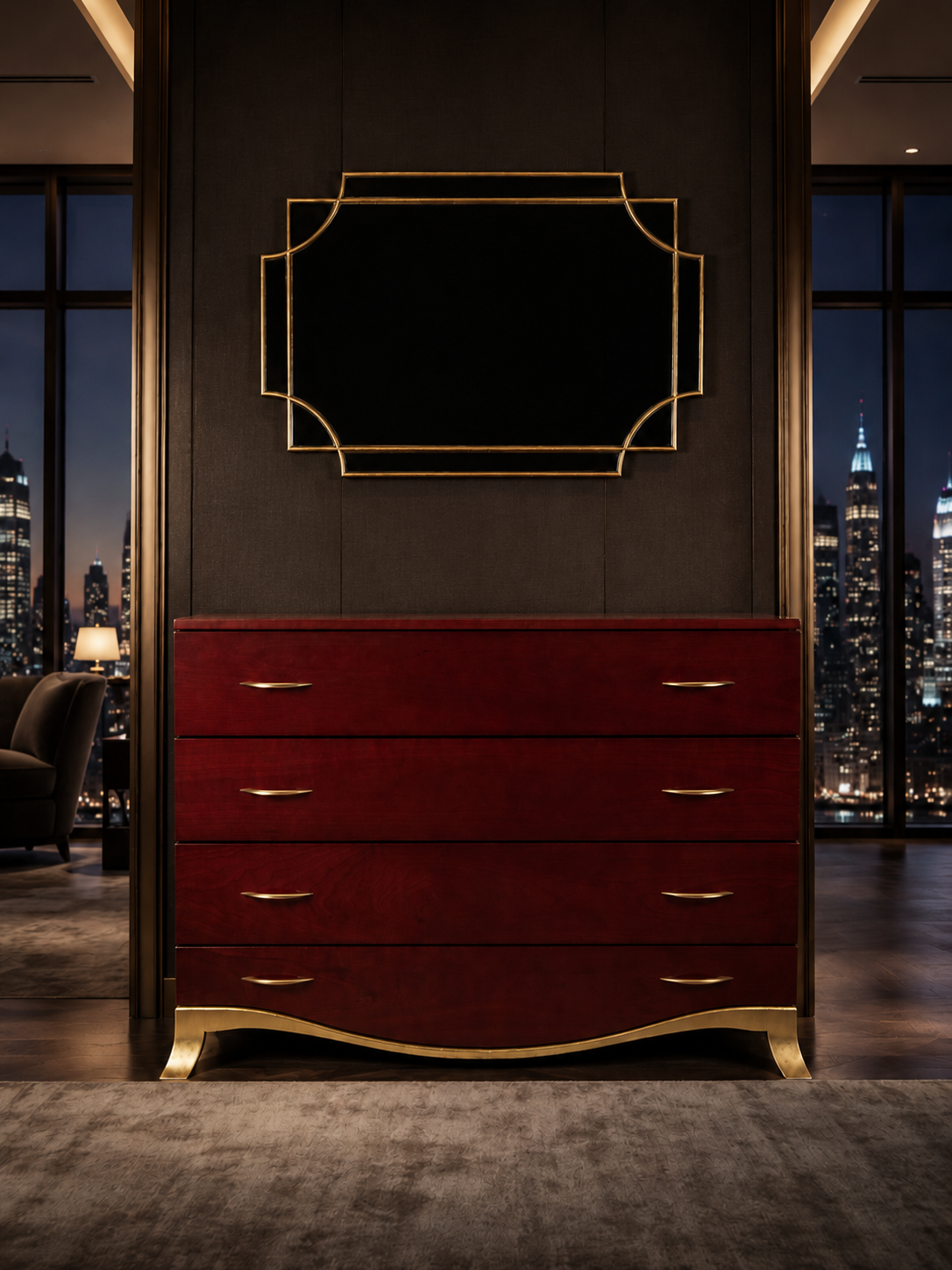 A dark wood dresser with five drawers and gold handles, set against a black wall in a city skyline apartment at night, with a black-framed mirror above and windows showing lit buildings outside. Custom dresser