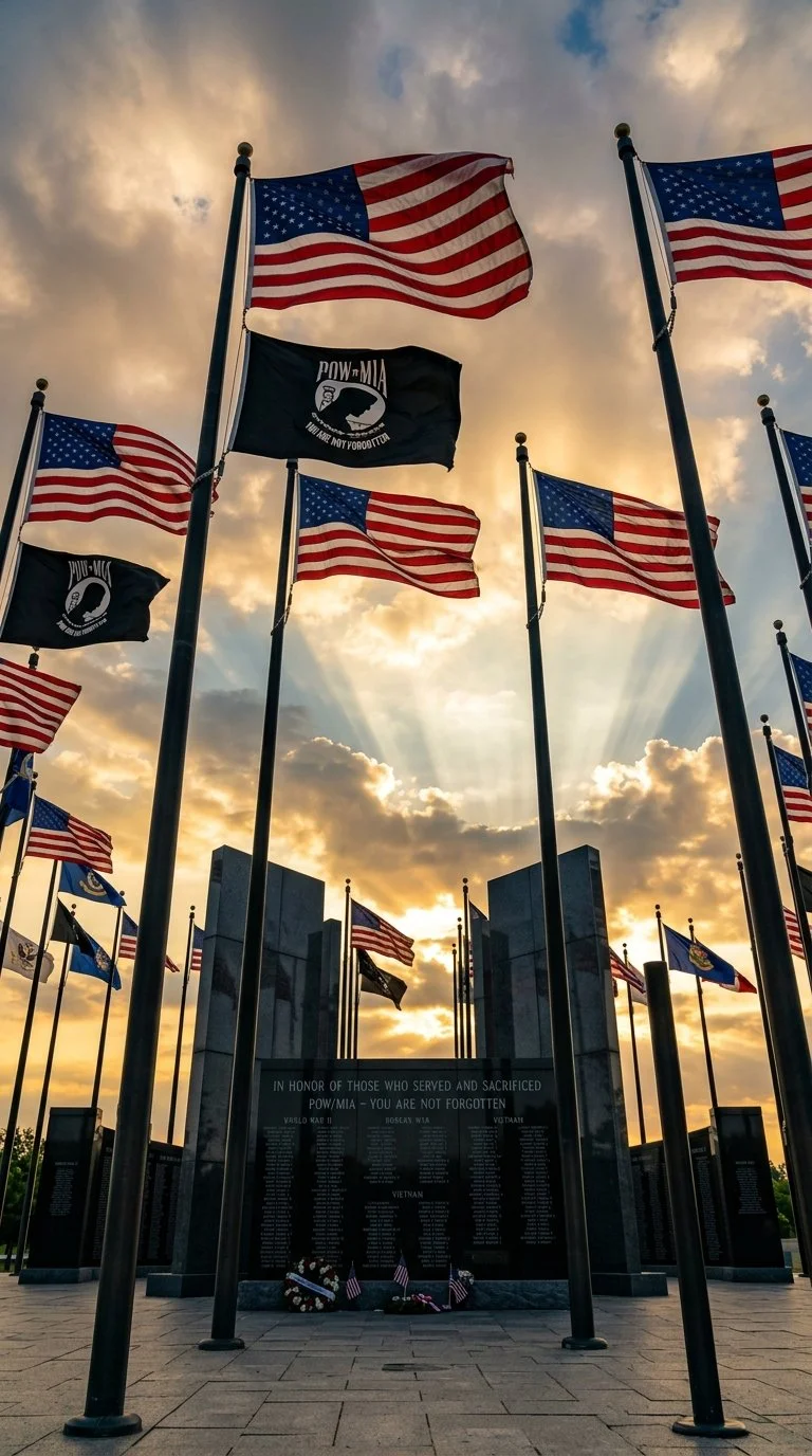 Flags of the United States and POW/MIA flags flying in front of a memorial at sunset.