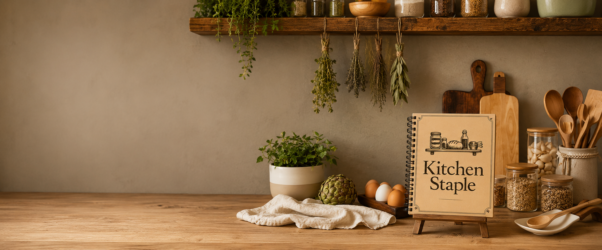 Kitchen Staple cookbook, From Scratch to Stocked, displayed on a kitchen counter