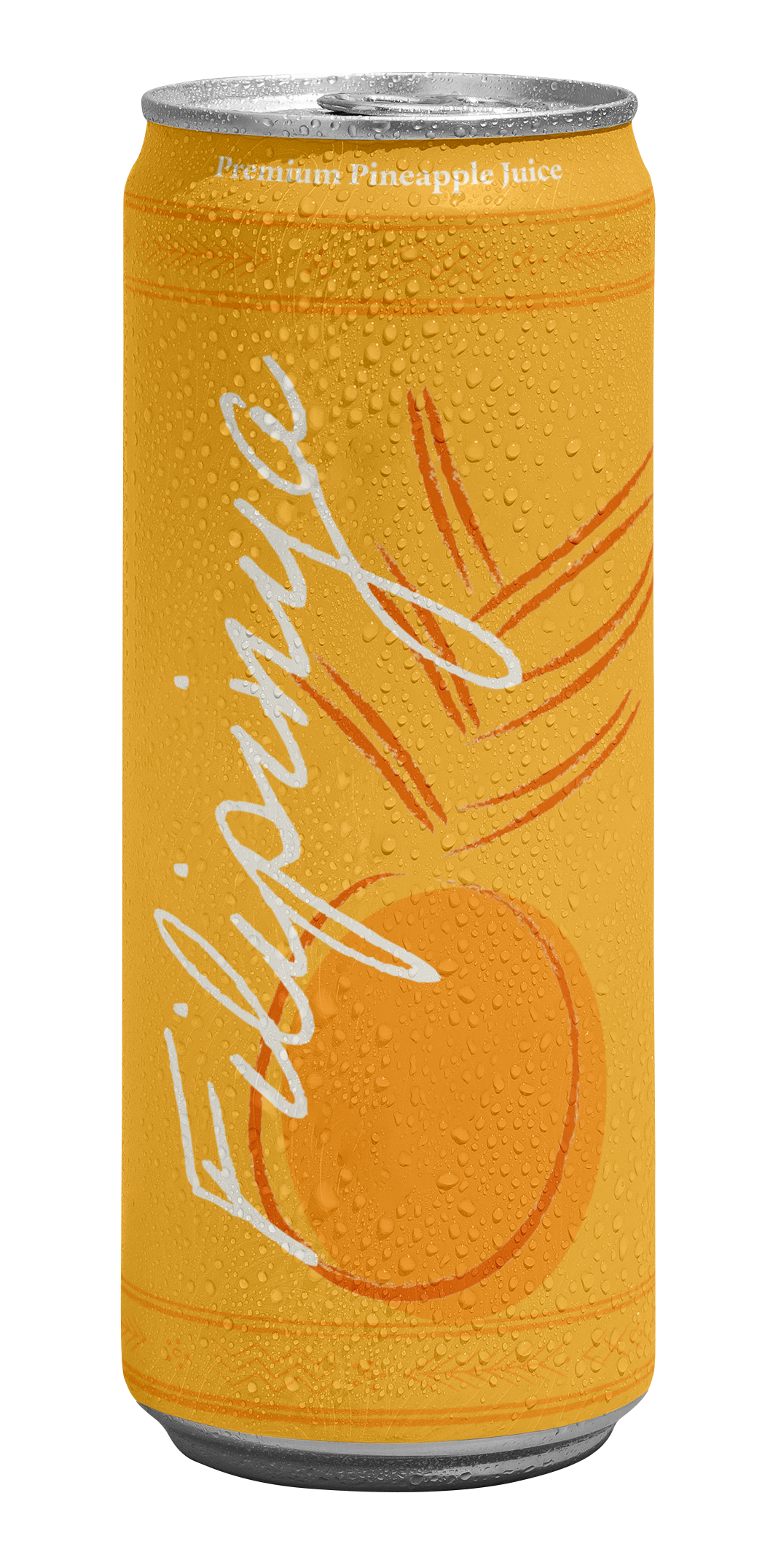 A can of orange-colored pineapple juice with water droplets, labeled 'premium pineapple juice.' Designed by AMCortes