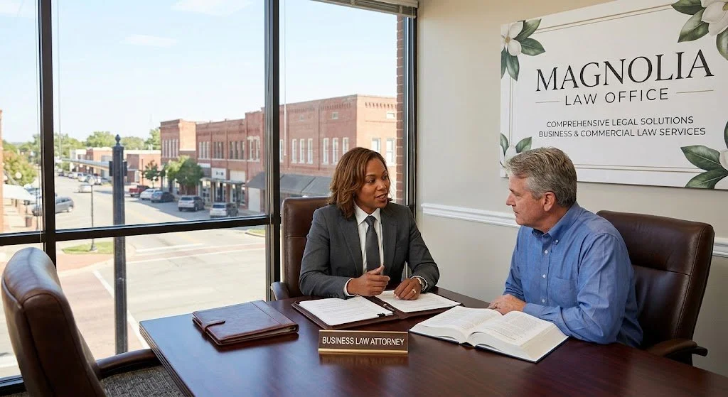 A professional woman in a gray suit and a man in a blue shirt seated at a conference table in an office, having a discussion. There are legal documents on the table labeled 'Business Law Attorney' and a sign on the wall that reads 'Magnolia Law Office'.
