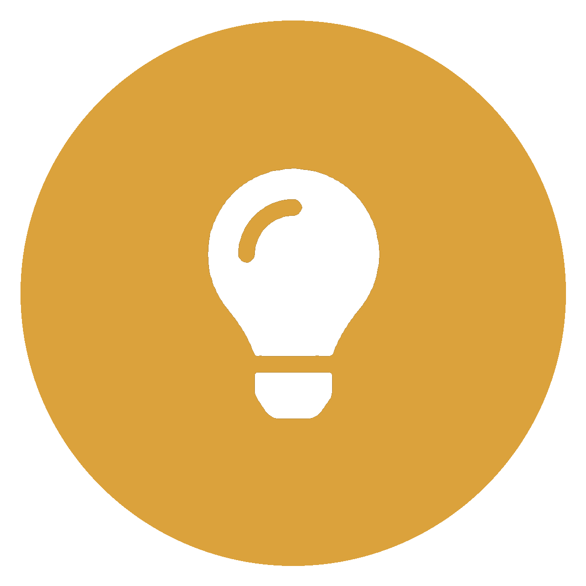 White lightbulb icon on a gold circular background.