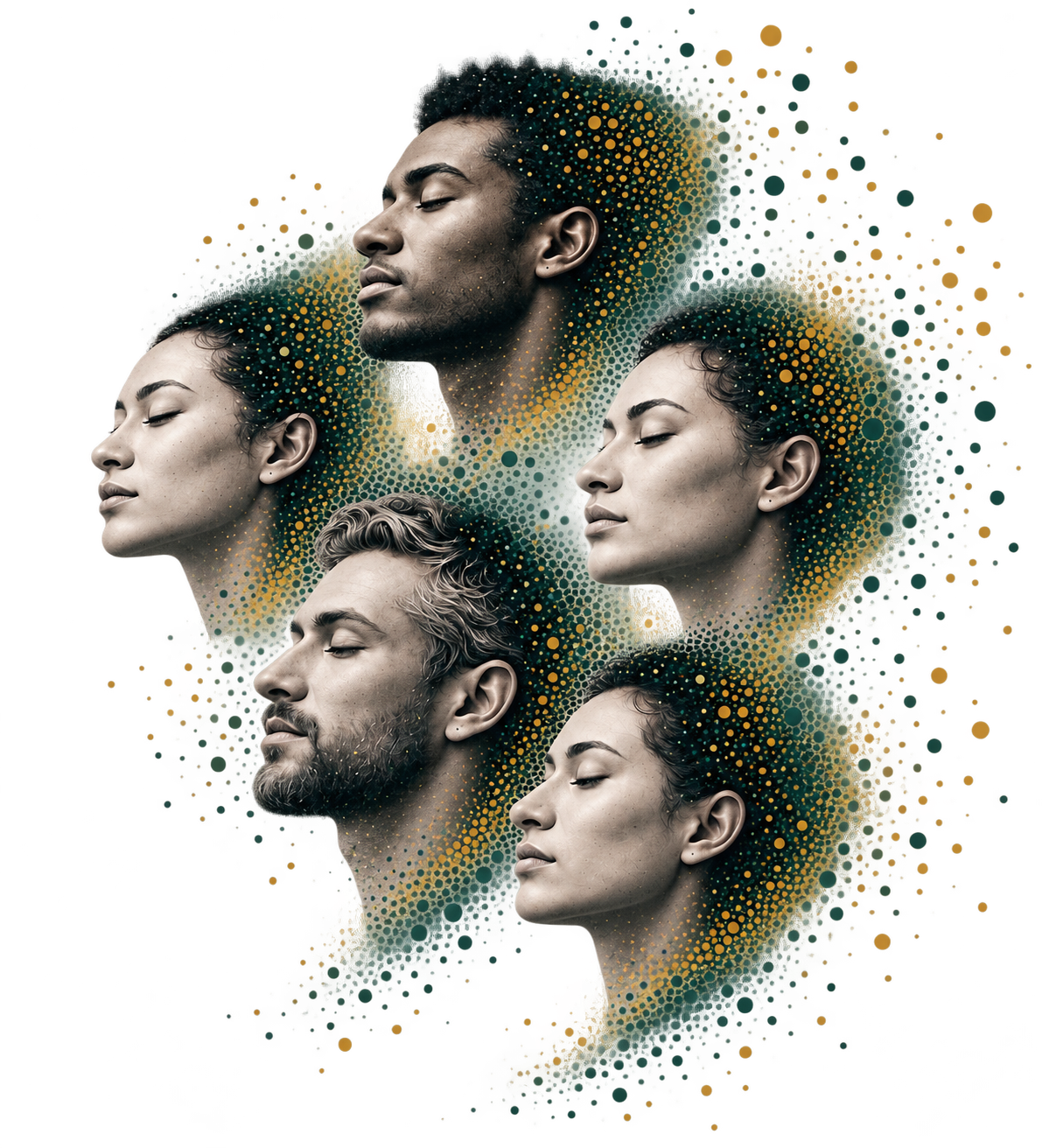 Digital artwork of five diverse individuals with eyes closed, surrounded by colorful, abstract patterns and dots.
