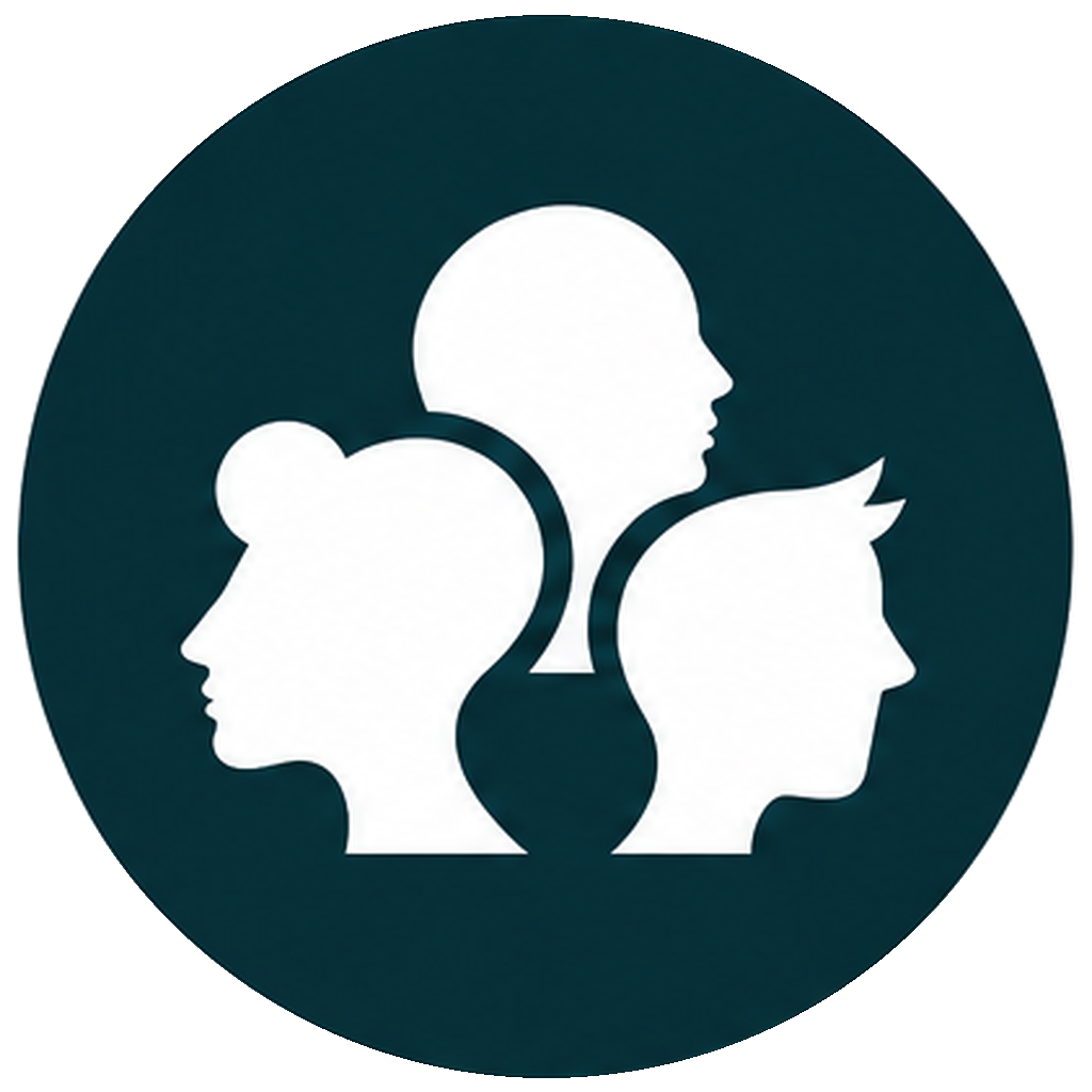 Silhouettes of three people's heads in profile, women and men, within a dark circle background.
