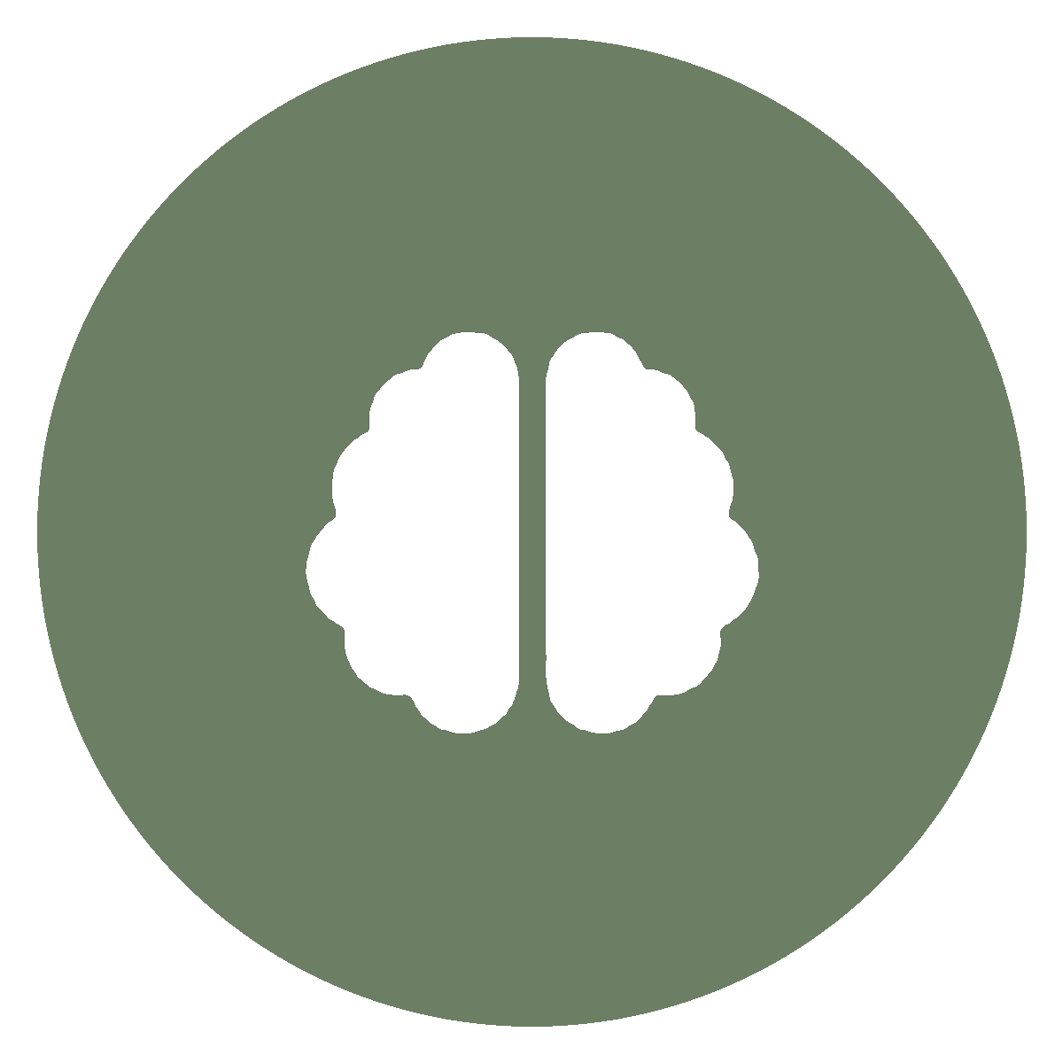 A white brain icon on a round olive green background.